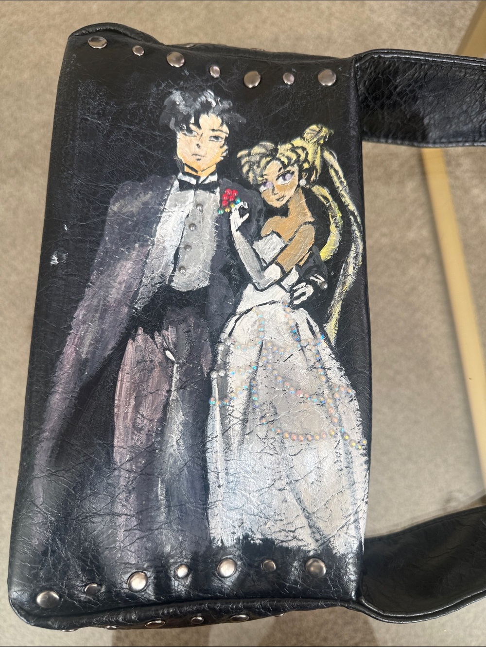 Hand-Painted Black Leather Shoulder Bag with Sailor Moon art work.